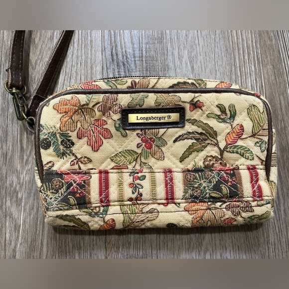 Longaberger Womens Quilted Brown Fall Leaves Floral Wristlet Pouch Wallet Zip - Picture 1 of 5